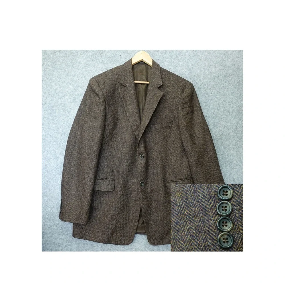 1970s Vintage Herringbone Tweed Sports Coat Men 44 Long Brown Wool Fall Speckled
